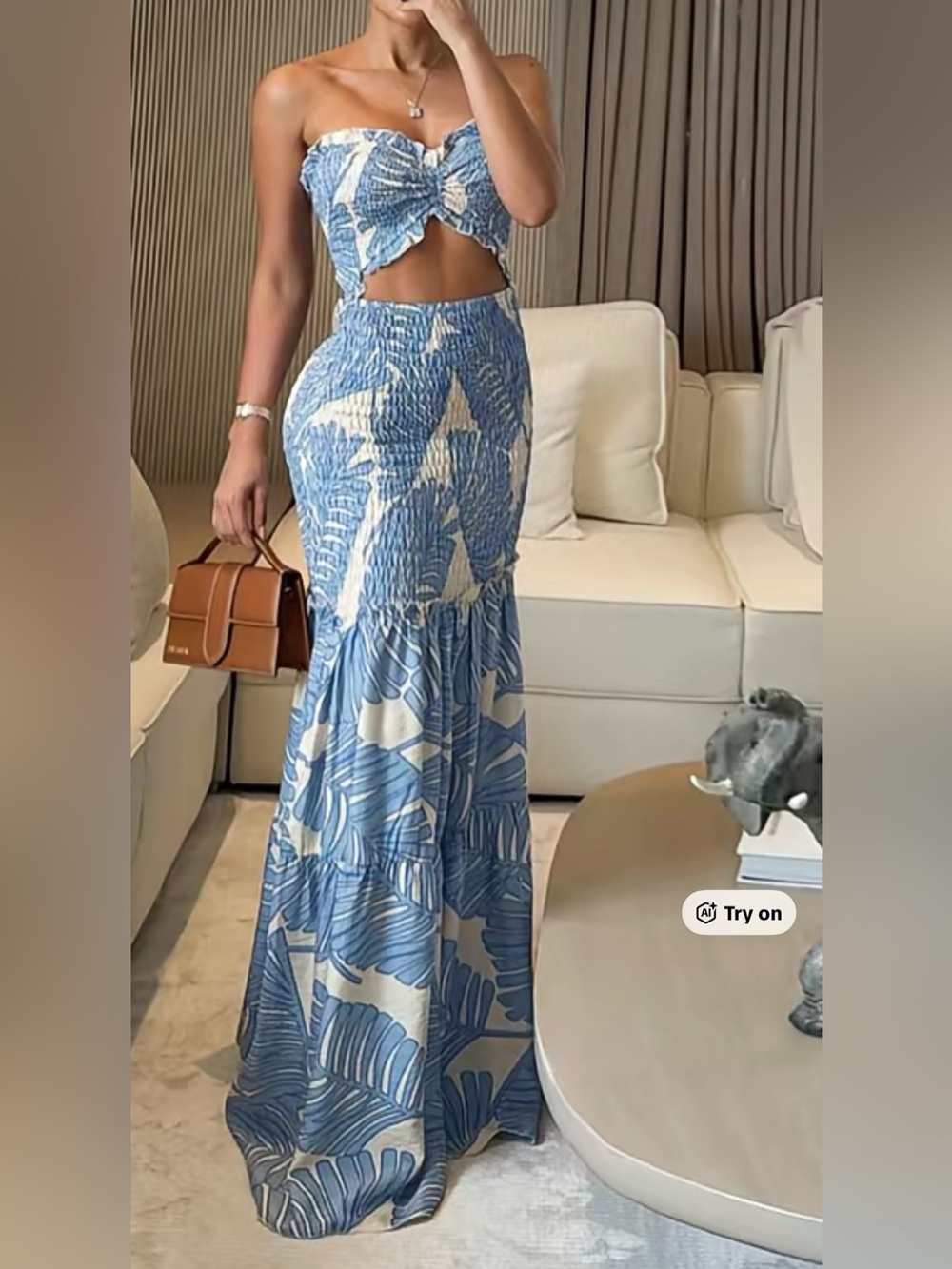 Blue Leaf-Print Smocked Maxi Skirt - Women's